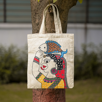 Lady with Fish Handpainted Tote Bag
