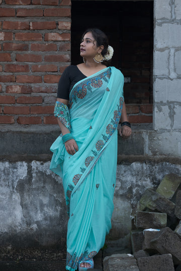Sea Blue madhubani handpainted saree