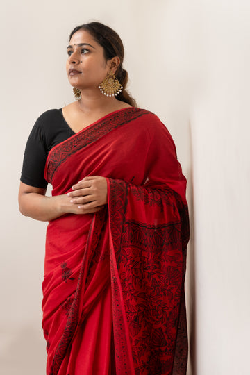 Red Madhubani painted saree