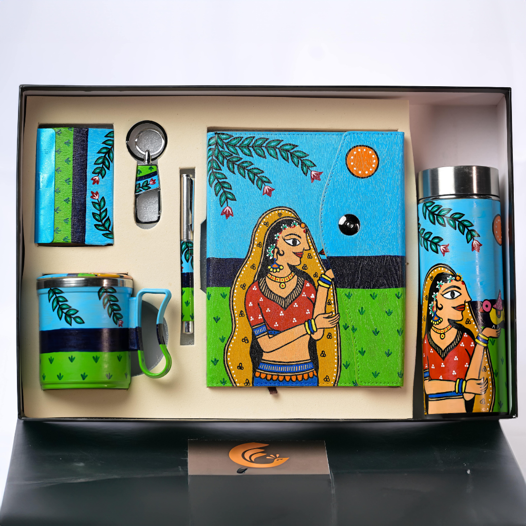 Lady with Bird Madhubani Handpainted 6-in-One Premium Gift Set