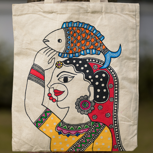 Lady with Fish Handpainted Tote Bag