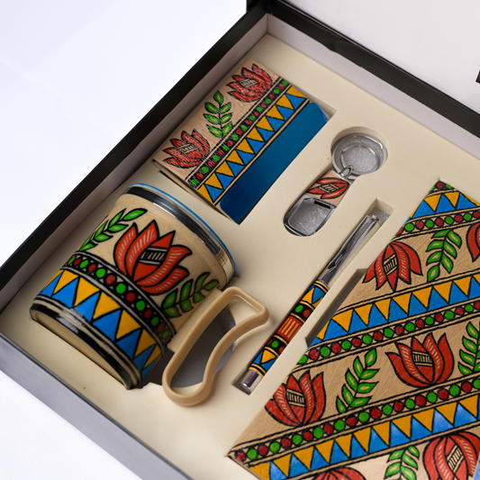 Lotus Theme Madhubani Handpainted 6-in-One Premium Gift Set