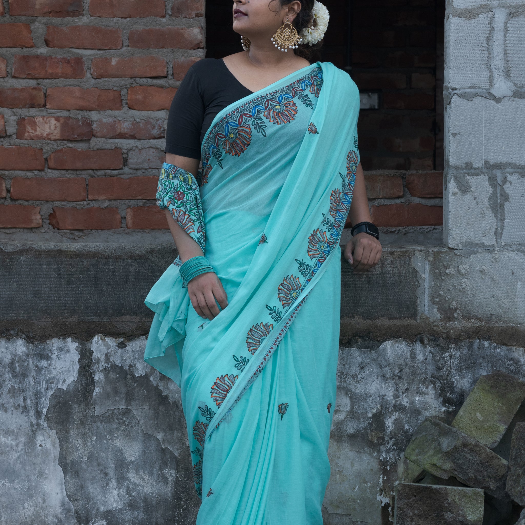 Sea Blue madhubani  handpainted saree