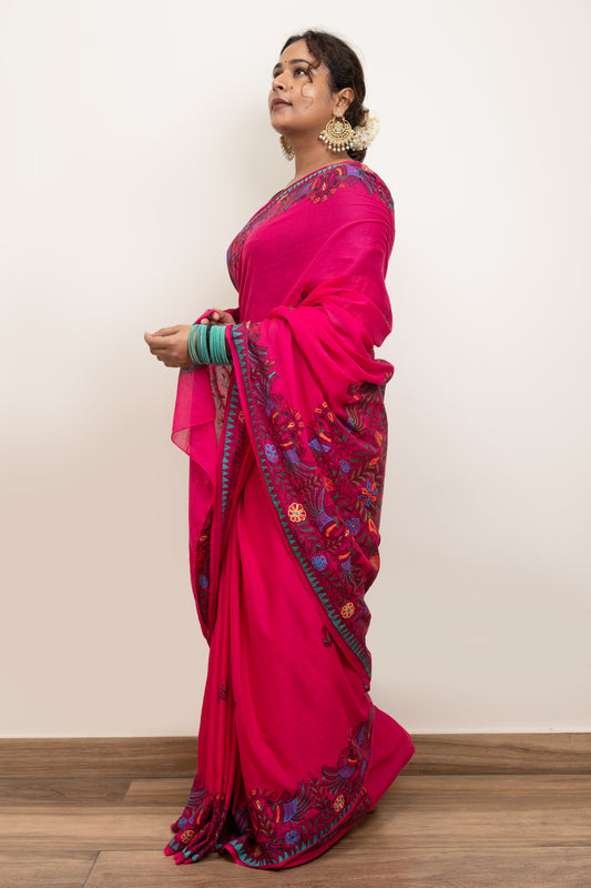 Fuchsia pink madhubani style hanpainted saree