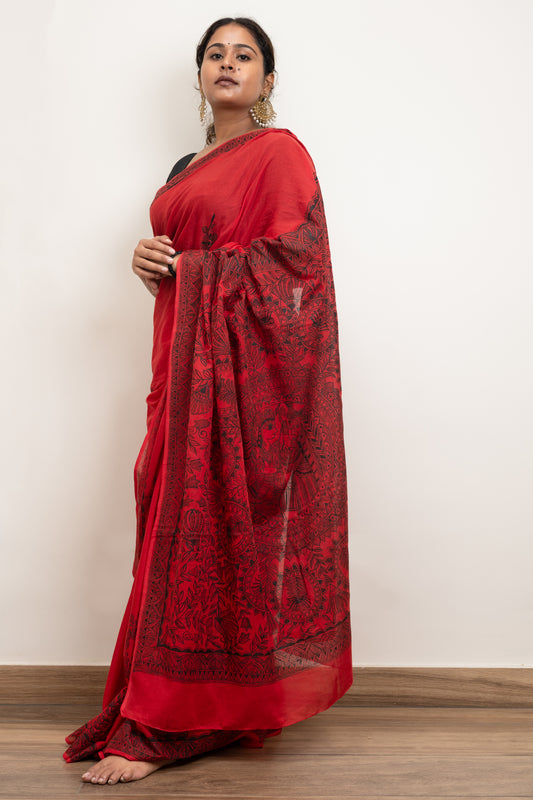 Red Madhubani painted saree